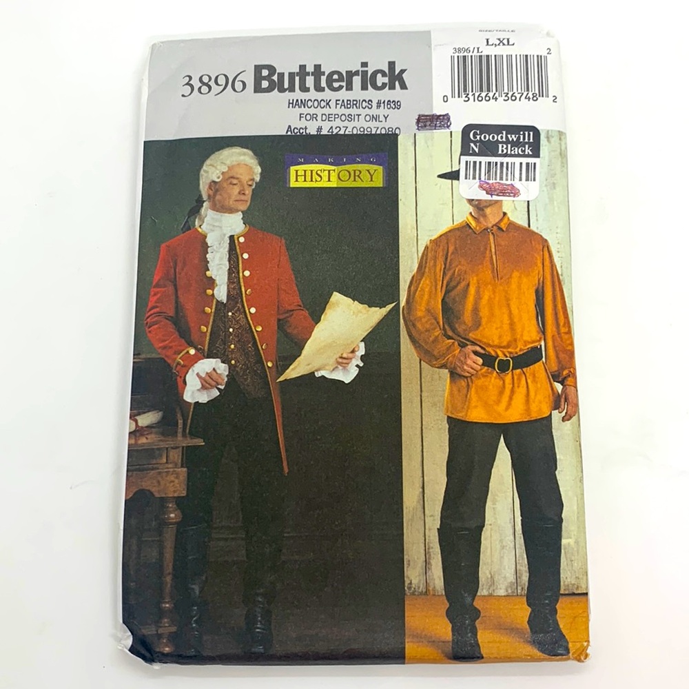 Butterick Making History UNCUT 3896 Men’s 18th Century Sewing Pattern Large, XL